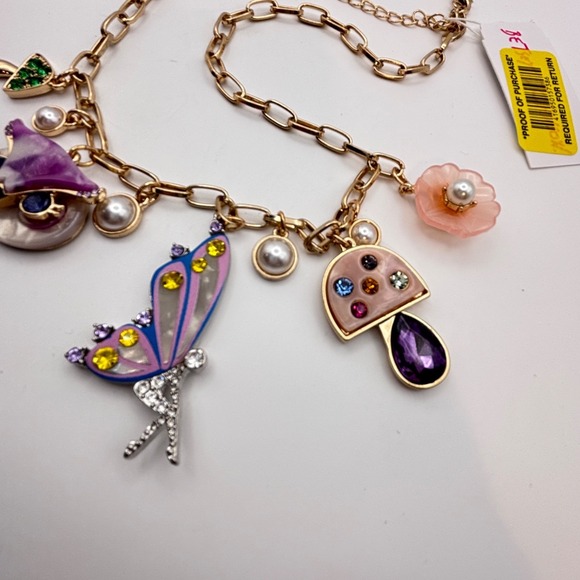 Betsey Johnson Necklace Fairy Owl Mushrooms Charms Rhinestones 18" NWT - Picture 5 of 9